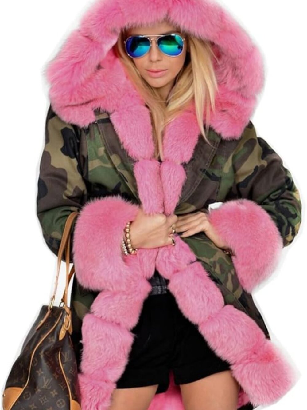 Roiii  Long Down Parka Coat Camo/Pink 3XL NWT